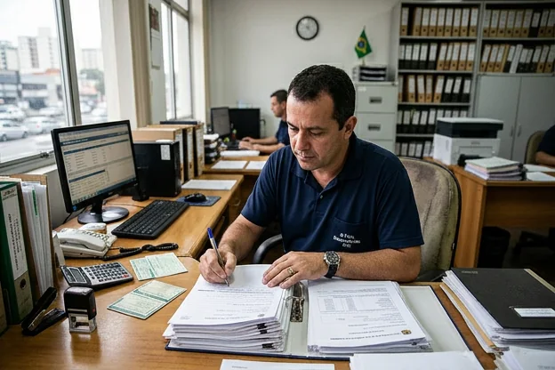 Profissional analisando documentos sobre recurso de multa.