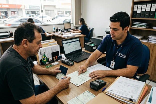 Profissional auxiliando na transferência de veículos.